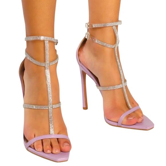 Damsia Purple Rhinestone Open Toe Ankle Strap Heel Size 8, 8.5, 10 NWT - Picture 1 of 8